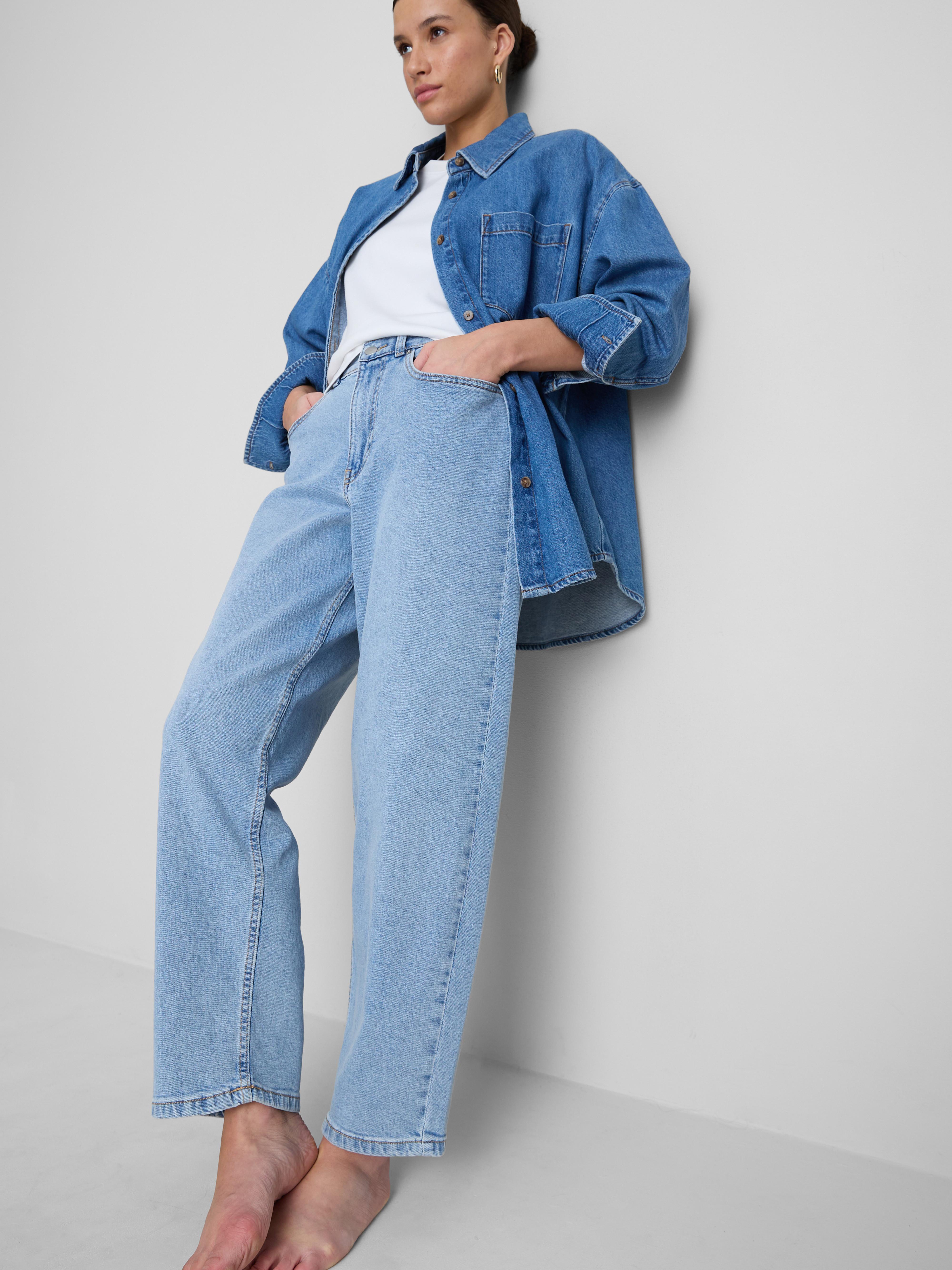Cotton Denim Tapered Boyfriend Jeans — Light Blue