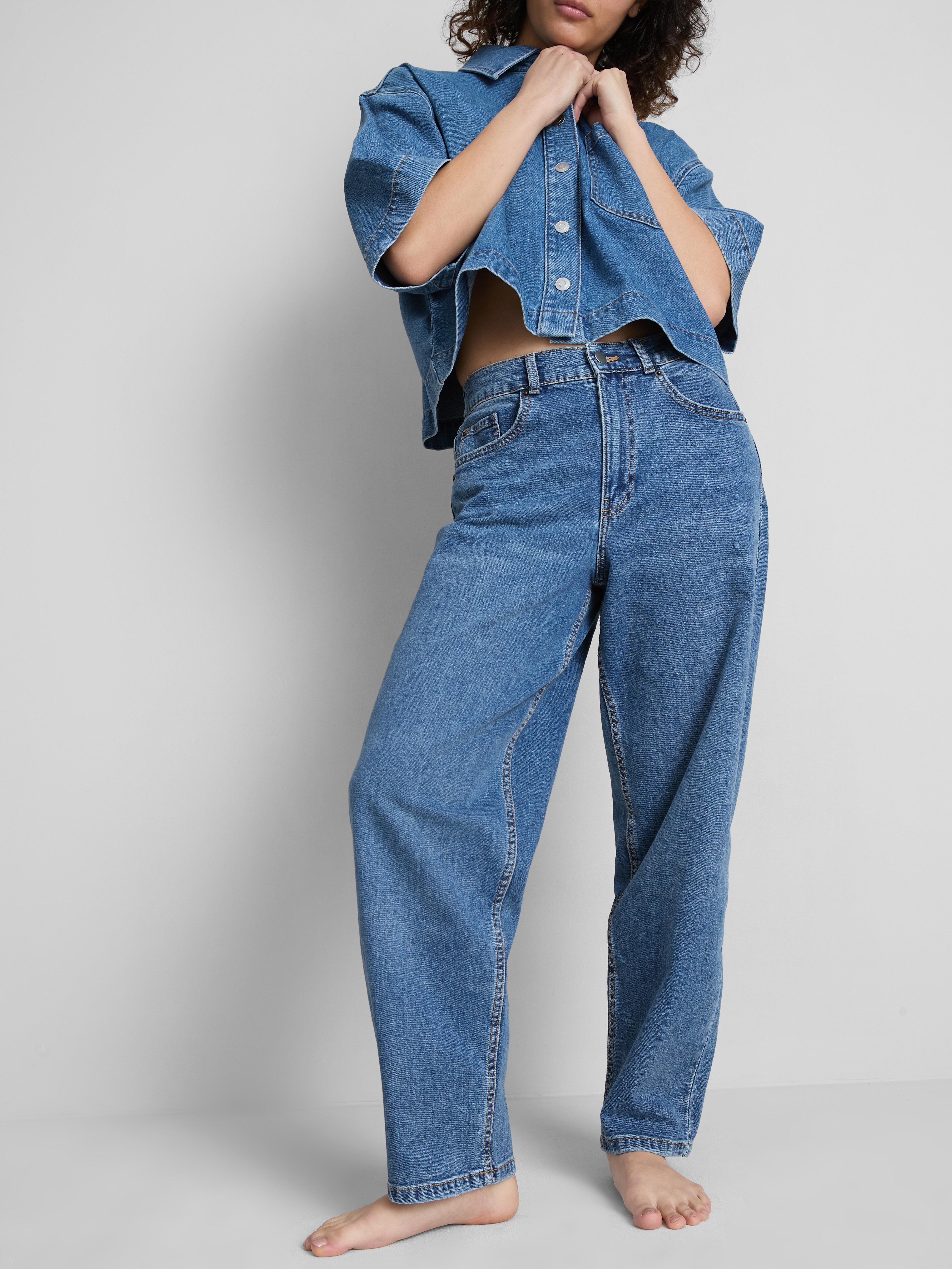 Cotton Denim Tapered Boyfriend Jeans — Mid Blue