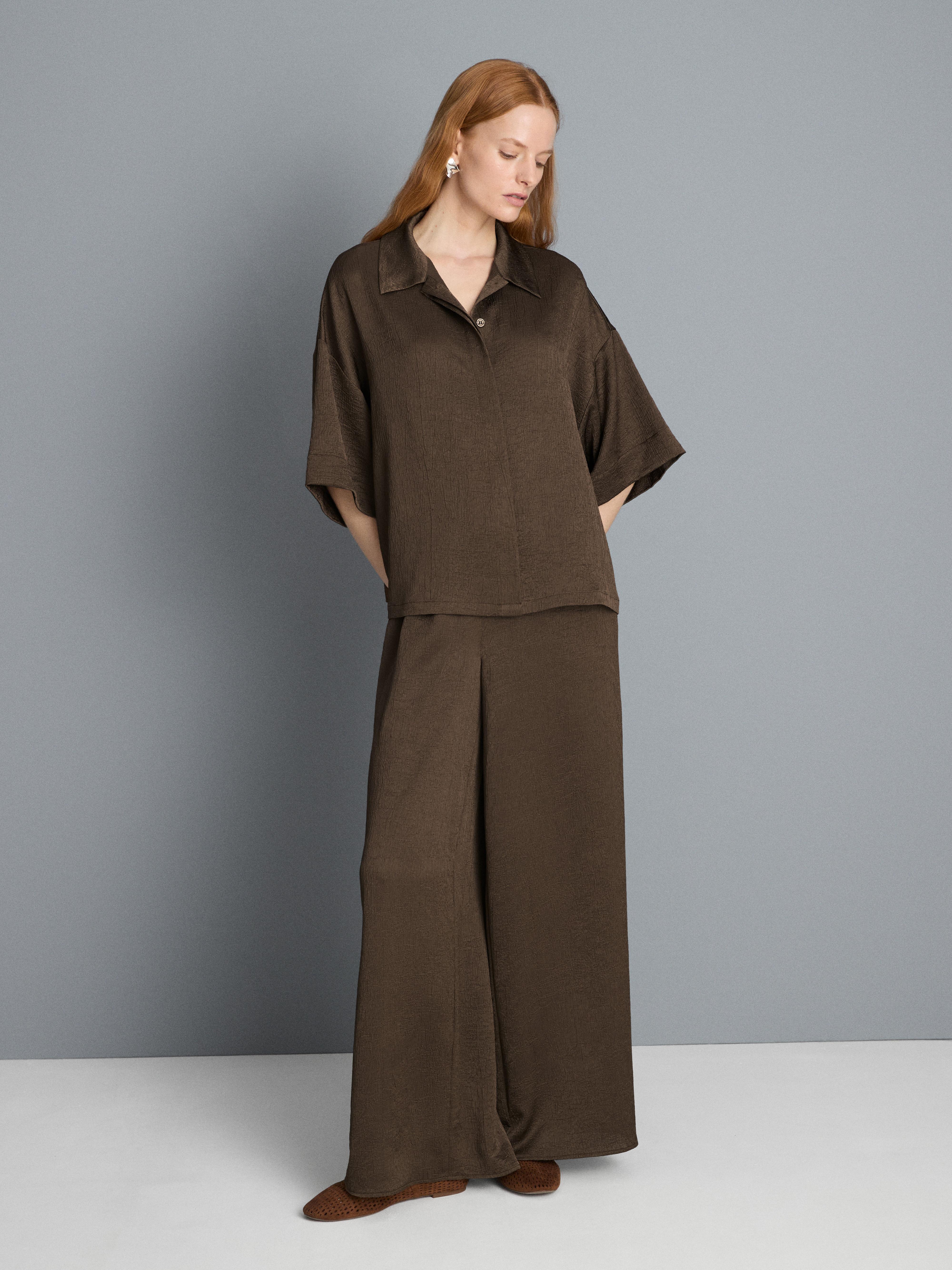 Relaxed Textured Satin Shirt — Chocolate