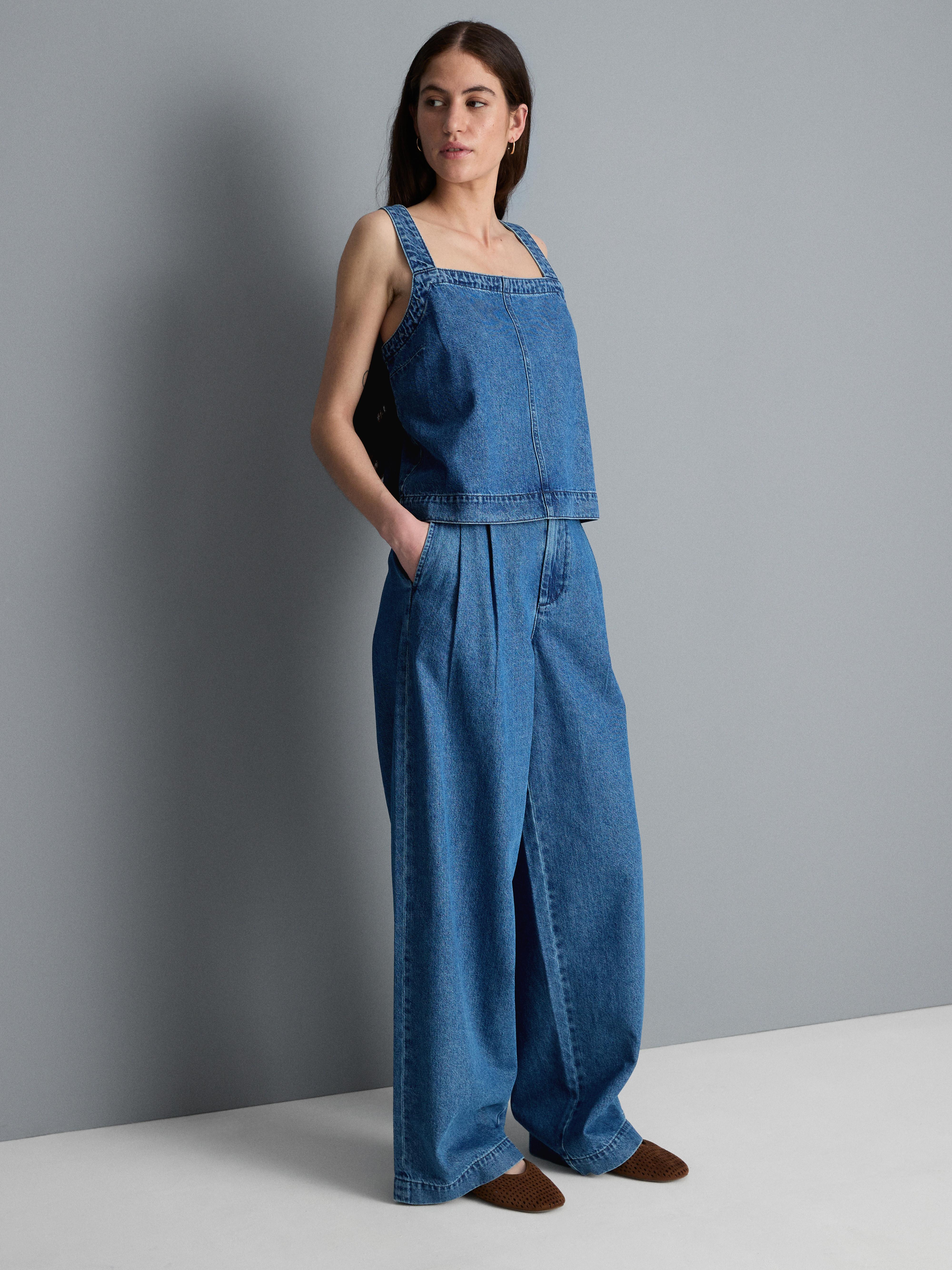 Square Neck Cotton Denim Bralette — Mid Blue