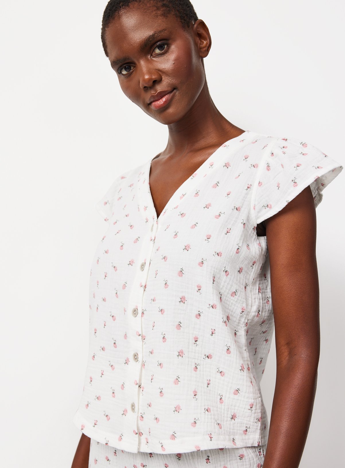 White Floral Print Double Cloth Traditional Pyjamas