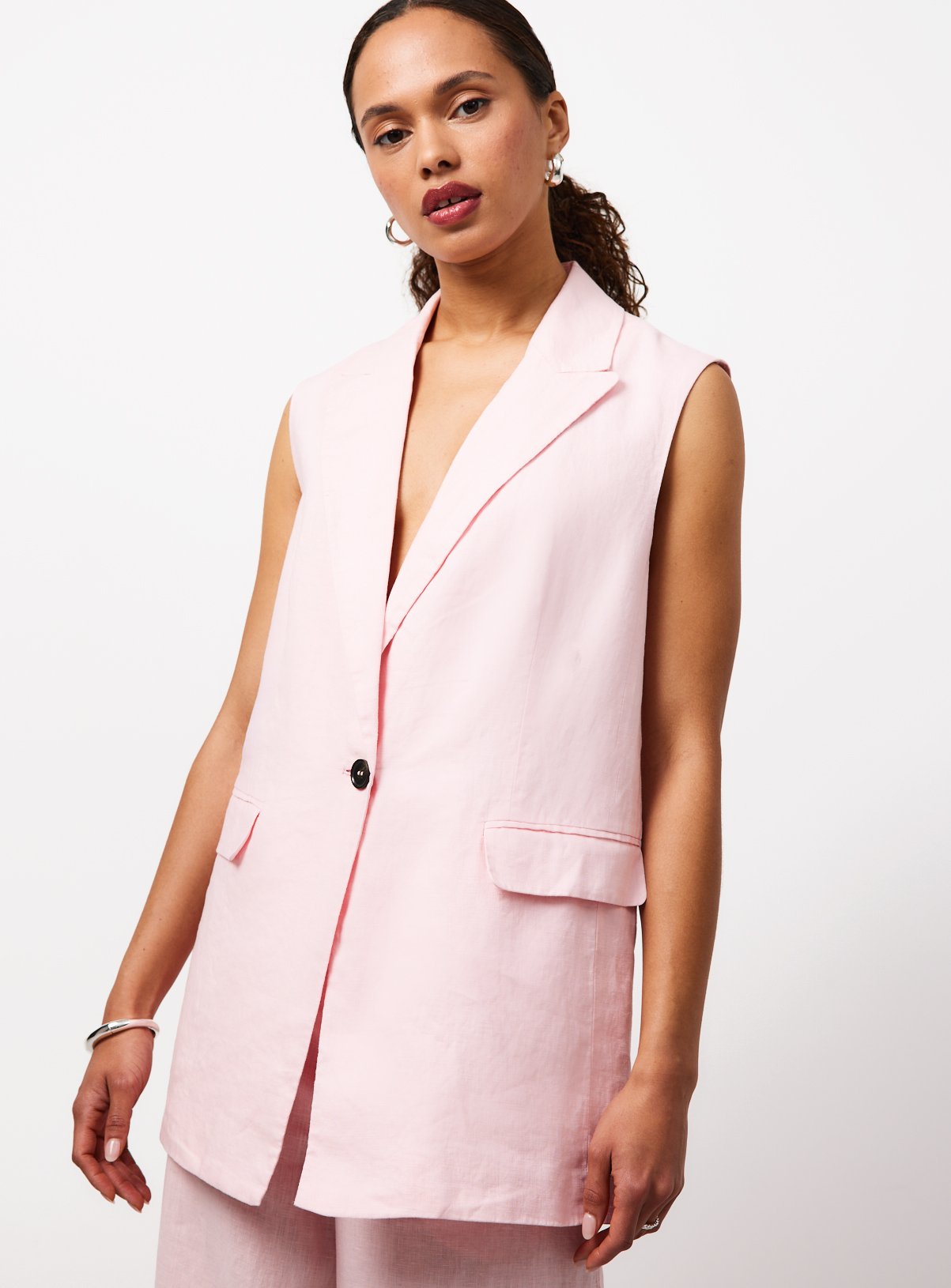 Pure Linen Longline Blazer — Pink