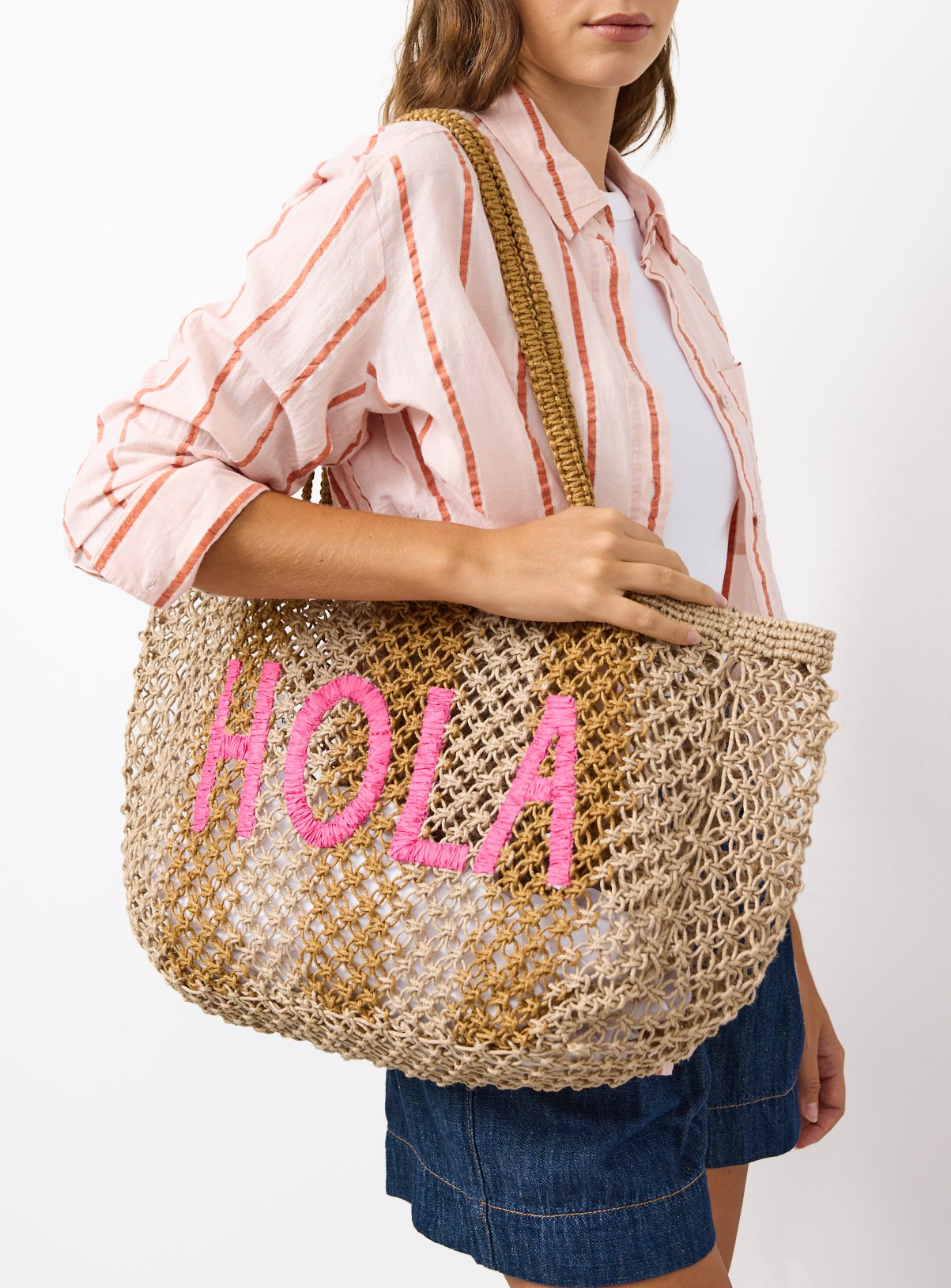 Natural Stripe Print Hola Graphic Straw Beach Bag