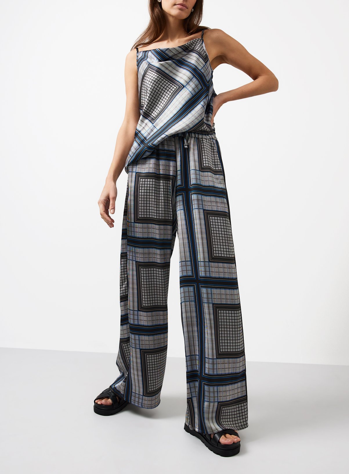 Navy Square Print Wide Leg Lace Trousers