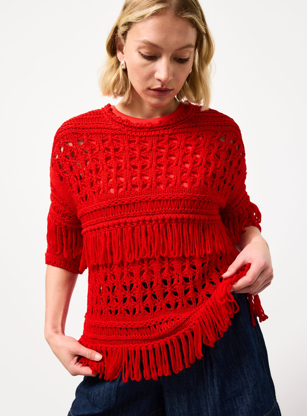 Fringed Open Stitch Cable Knit Jumper — Red