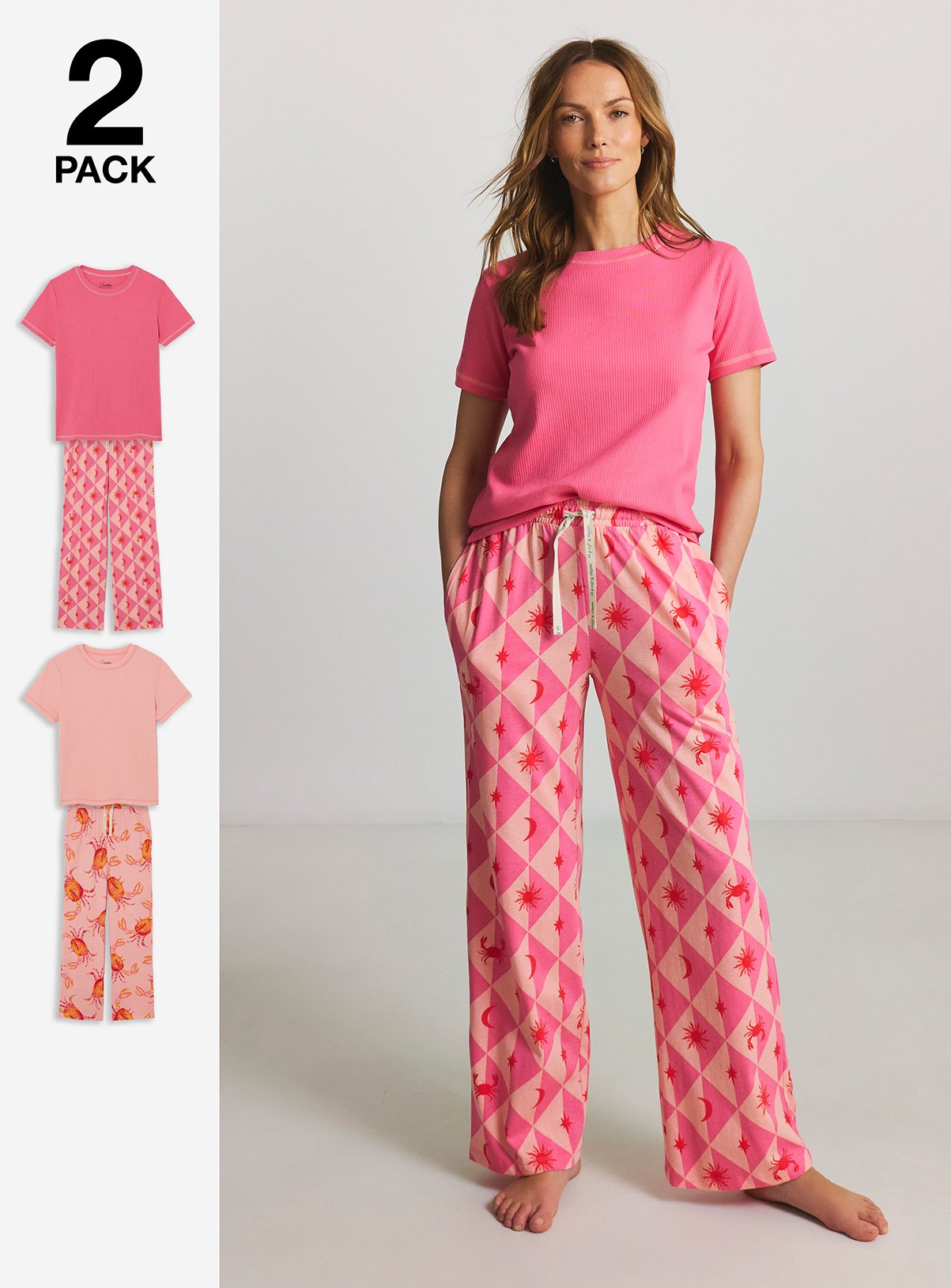 SIMPLY BE Pretty Secrets Ribbed T-Shirt Pyjama Set 2 Pack — Pink