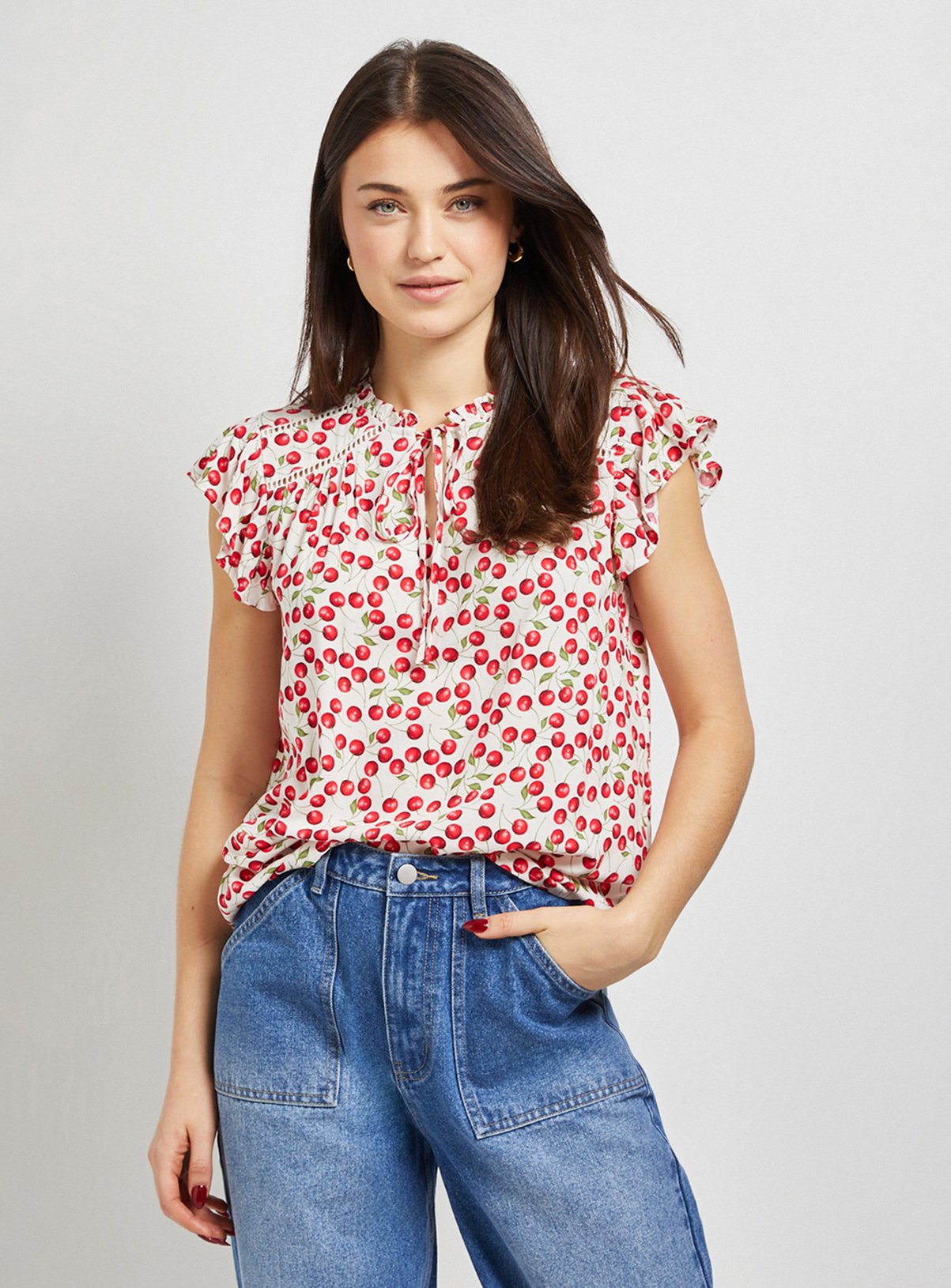 DOROTHY PERKINS Cherry Lace Trim Tie Front Top 12 — Red