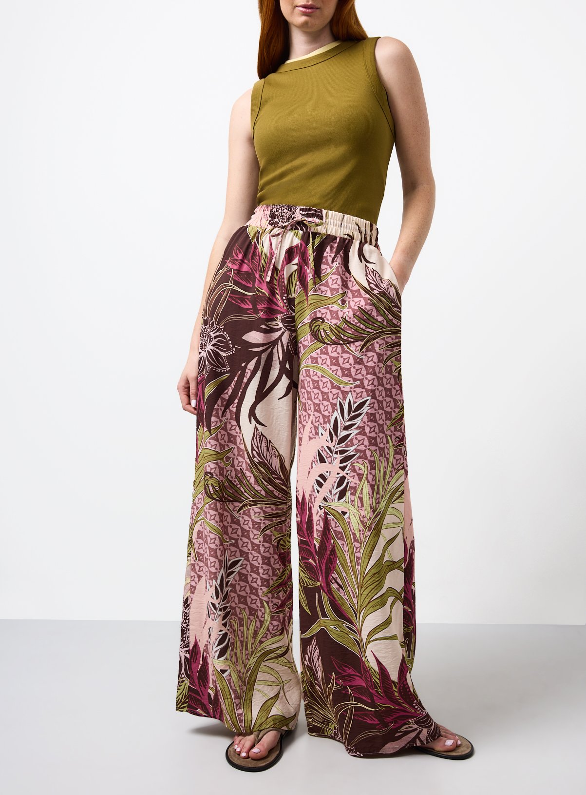 Mid Pink Palm Leaf Print Wide Leg Trousers
