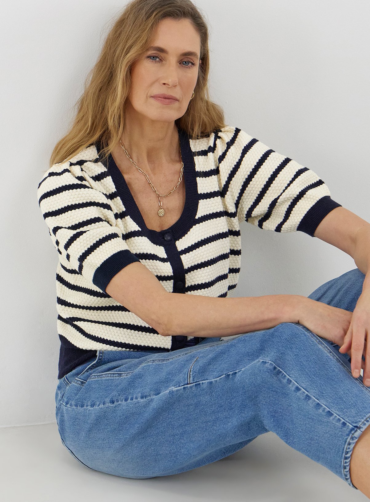 JD WILLIAMS Textured Stripe Short Sleeve Cardigan — Navy