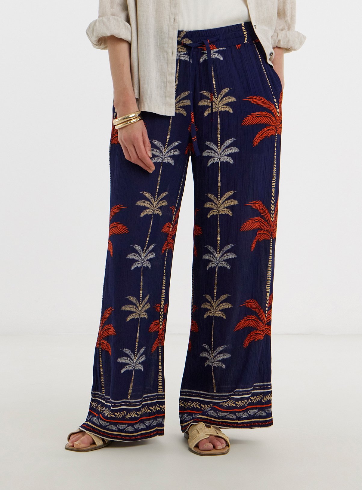 JD WILLIAMS Viscose Crinkle Pull On Wide Leg Trouser — Navy